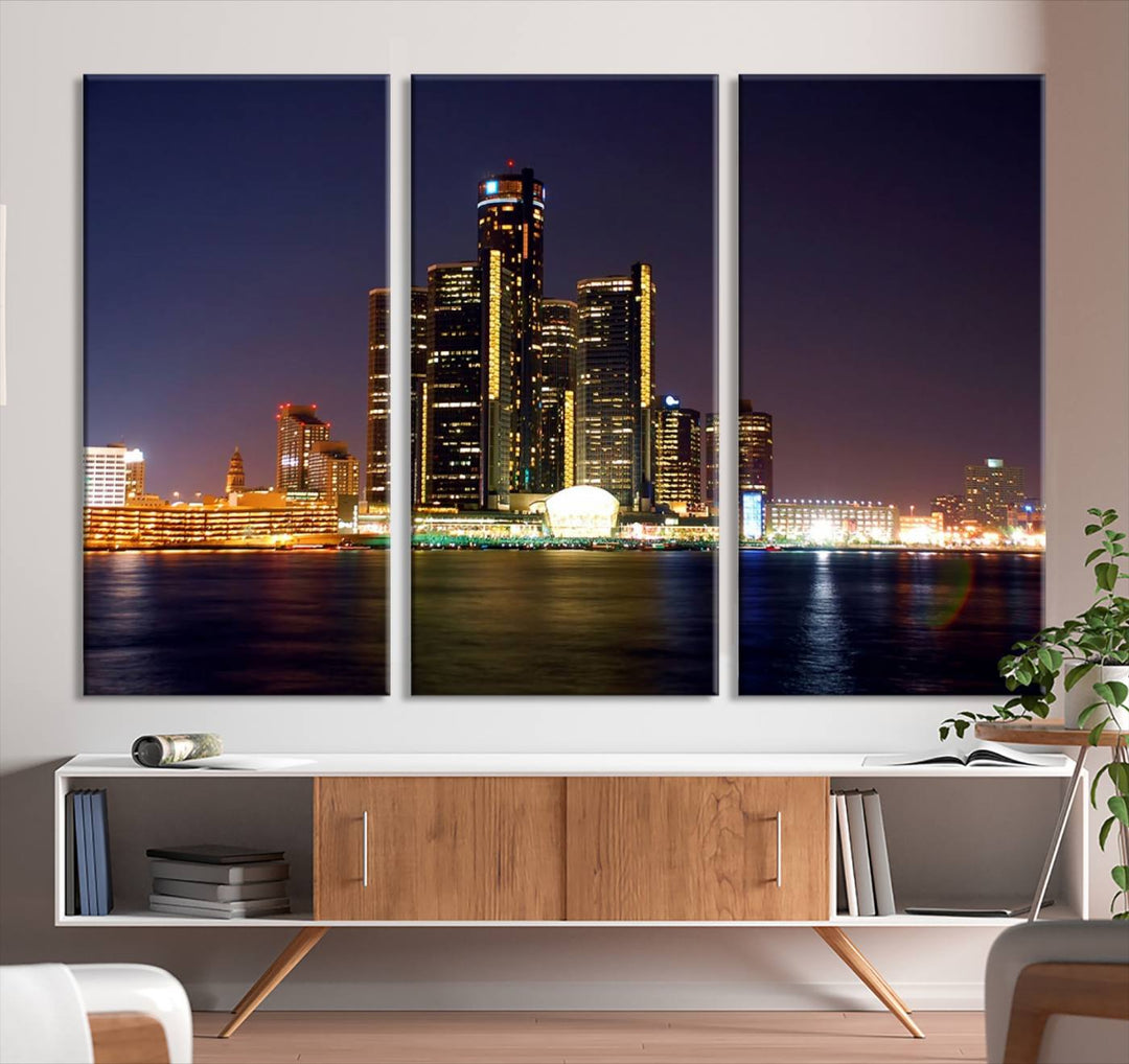 The Detroit City Lights Night Skyline Cityscape View Wall Art Canvas Print, elegantly split into three panels, is made from museum-quality pollycotton and gallery wrapped for a sophisticated touch. It is available with free shipping to effortlessly elevate your space.