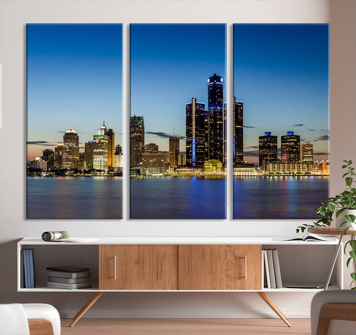 The "Detroit City Lights Sunrise Skyline Cityscape View Wall Art Canvas Print" on the wall is a triptych gallery-wrapped on museum-quality canvas, adding an elegant touch to the space.