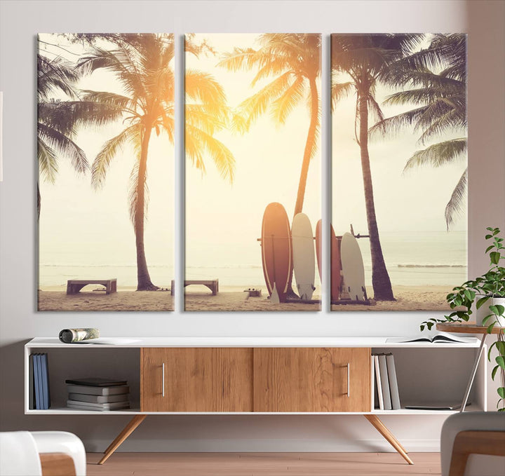 Surfboard and Palm Tree on Beach Double Exposure with Colorful Bokeh Sunset Light Wall Art Canvas