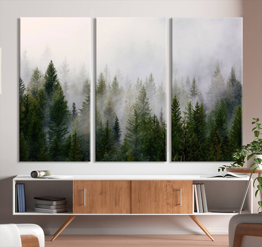 A 3-panel Misty Pine Forest Wall Art Canvas Print, featuring a green woodland scene, adorns the wall.