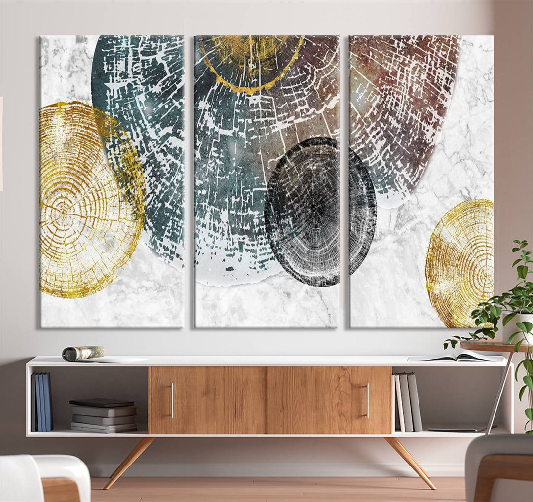 Contemporary living room showcasing the "Wood Lines" 3 Panel Abstract Wall Art Canvas Print displaying museum-quality tree ring art on the wall.