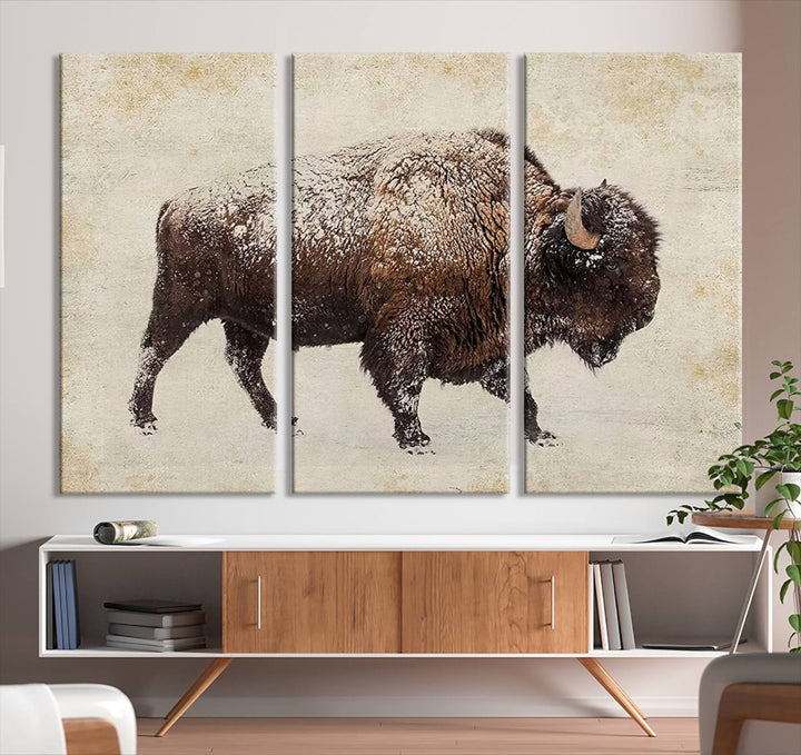 The "Buffalo Wall Art" canvas print, featuring a Western bison, hangs prominently, infusing the space with rustic cowboy and Western decor.