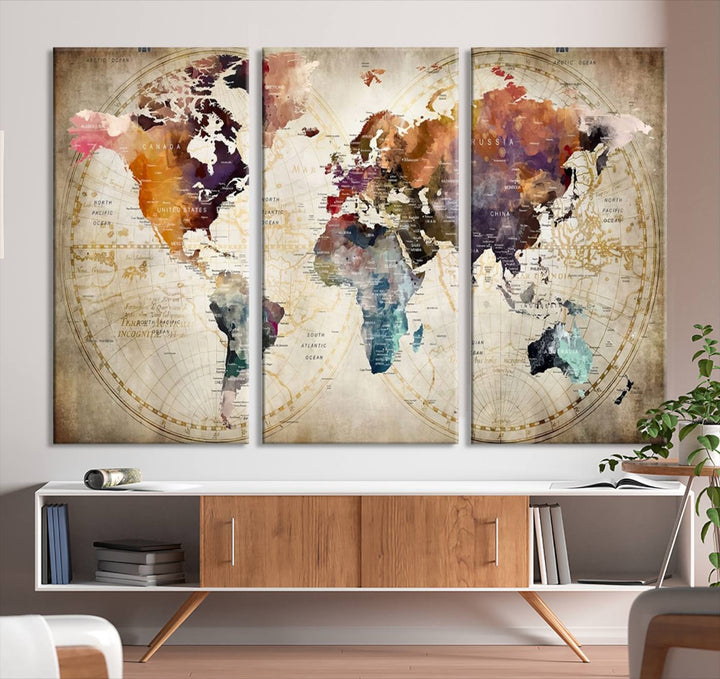 A World Map Wall Art Canvas Print featuring vibrant colors is crafted on museum-quality canvas, adding a touch of elegance to the room.