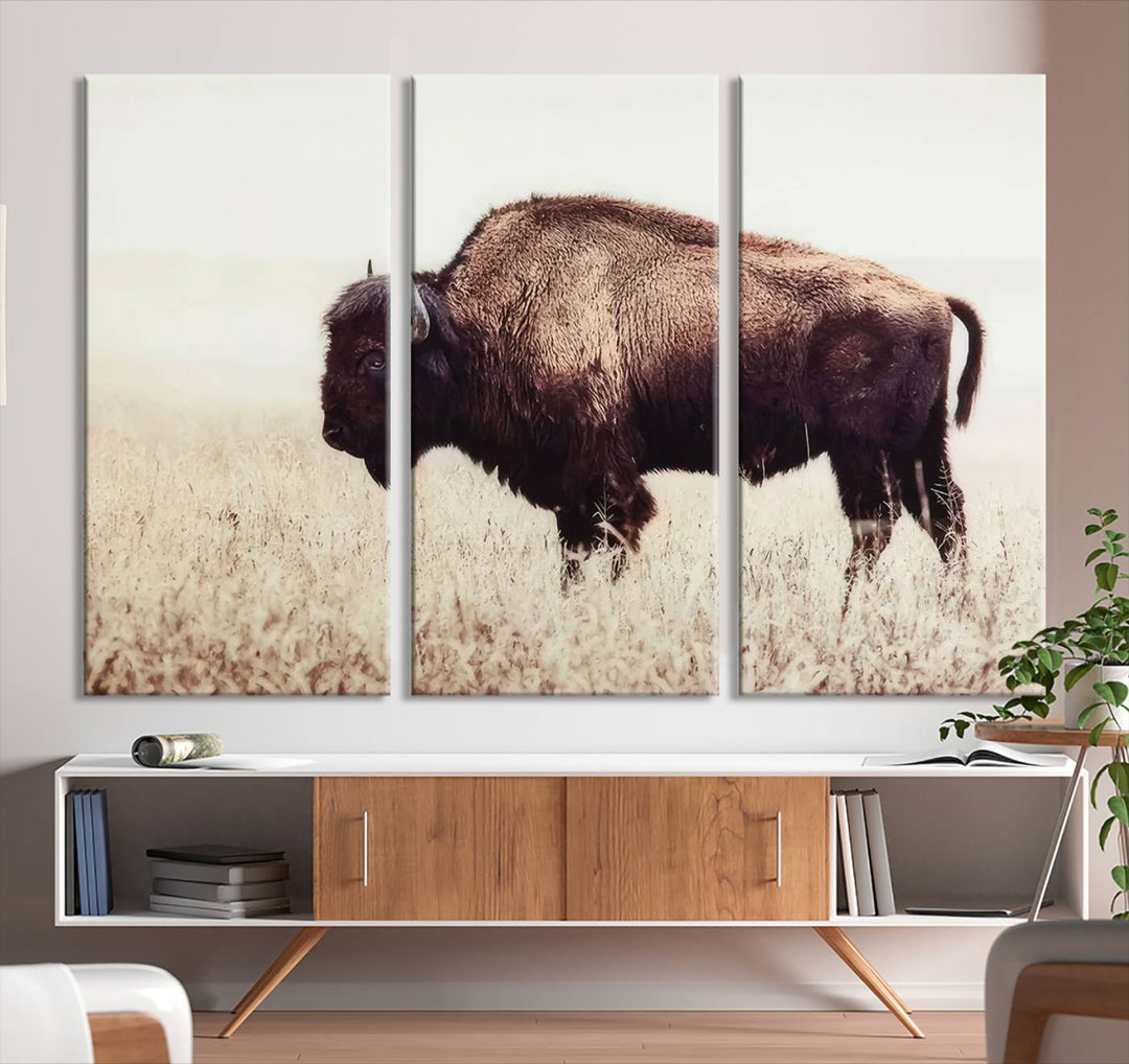 A stylish living room showcases the captivating "Bison in Field" Wall Art Canvas Print as farmhouse decor.