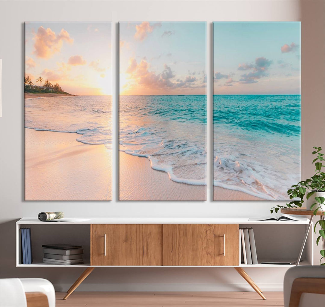 Beach Sunrise Wall Art, Coastal Seascape Canvas Print, Ocean Wave Multi-Panel Giclee, Coastal Sunset Beach Scene for Modern Decor