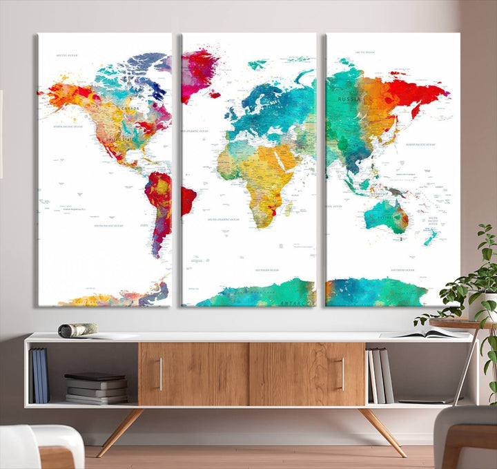 A stunning Colorful World Map Triptych Canvas Print, featuring a ready-to-hang framed design, adds vibrancy and modern flair to the space, effortlessly elevating the entire home décor.