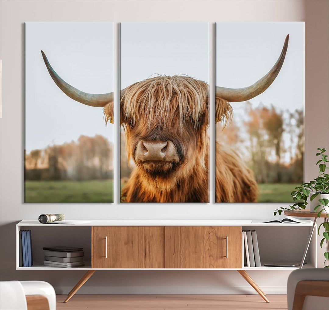 A Highland Cow Animal Scottish Cattle Art Print Farmhouse Wall Art Canvas Print hangs in the living room, adding a touch of rustic farmhouse decor.