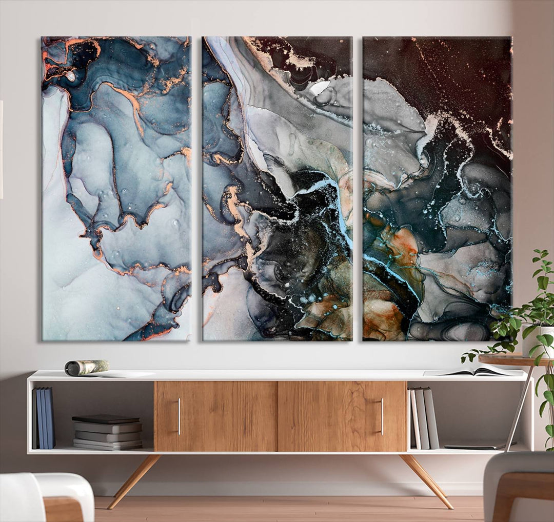 The Mix Color Large Abstract Marble Wall Art Canvas Print is printed on museum-quality canvas. It features a UV-protective coating and is ready to hang, adding elegance to the room.