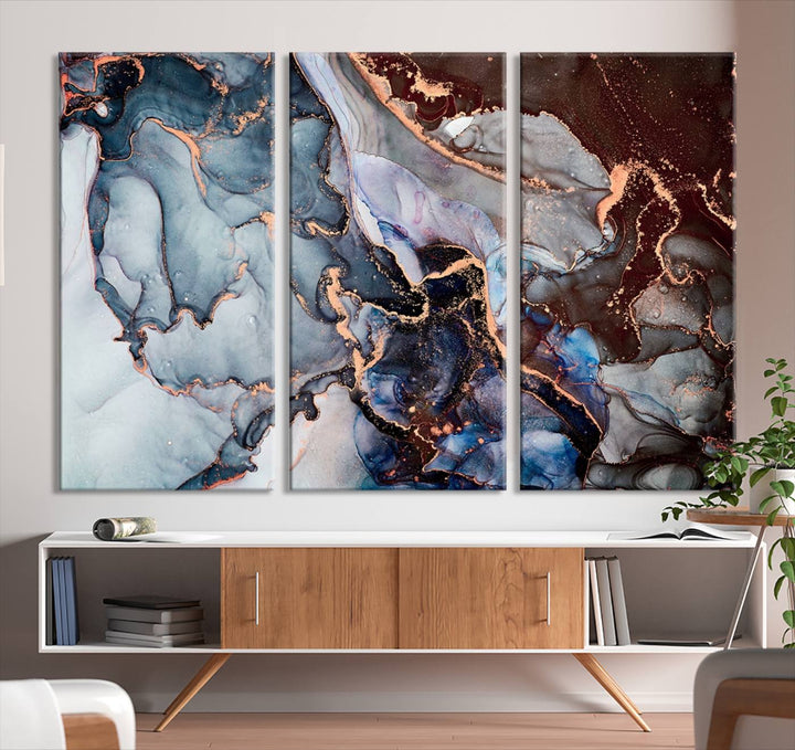 Brown Blue Abstract Marble Wall Art Canvas Print