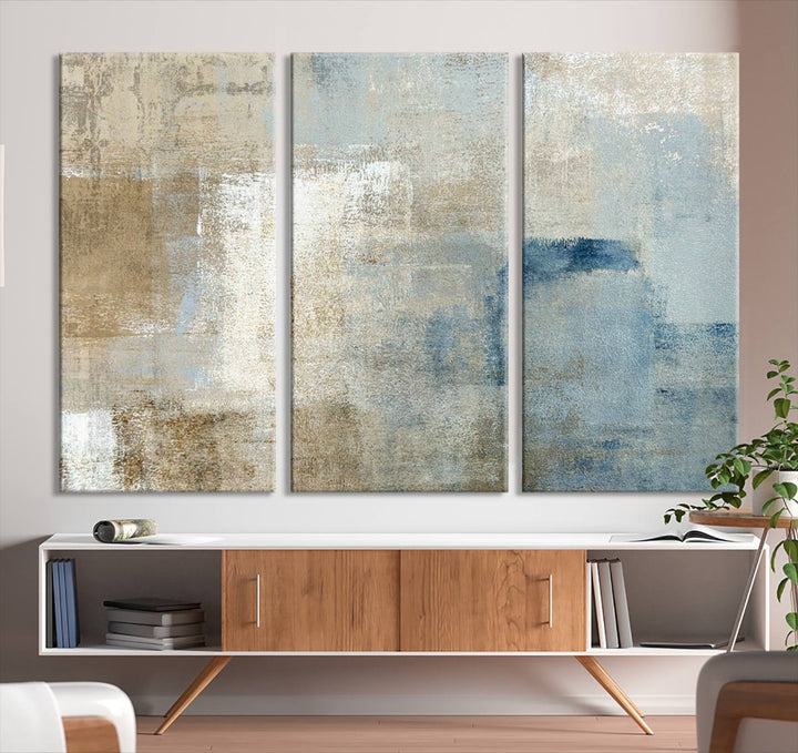 Abstract Blue and Beige Wall Art, Modern Minimalist Canvas Print Set, Giclee Textured Art, Large Multi-Panel Artwork for Living Room