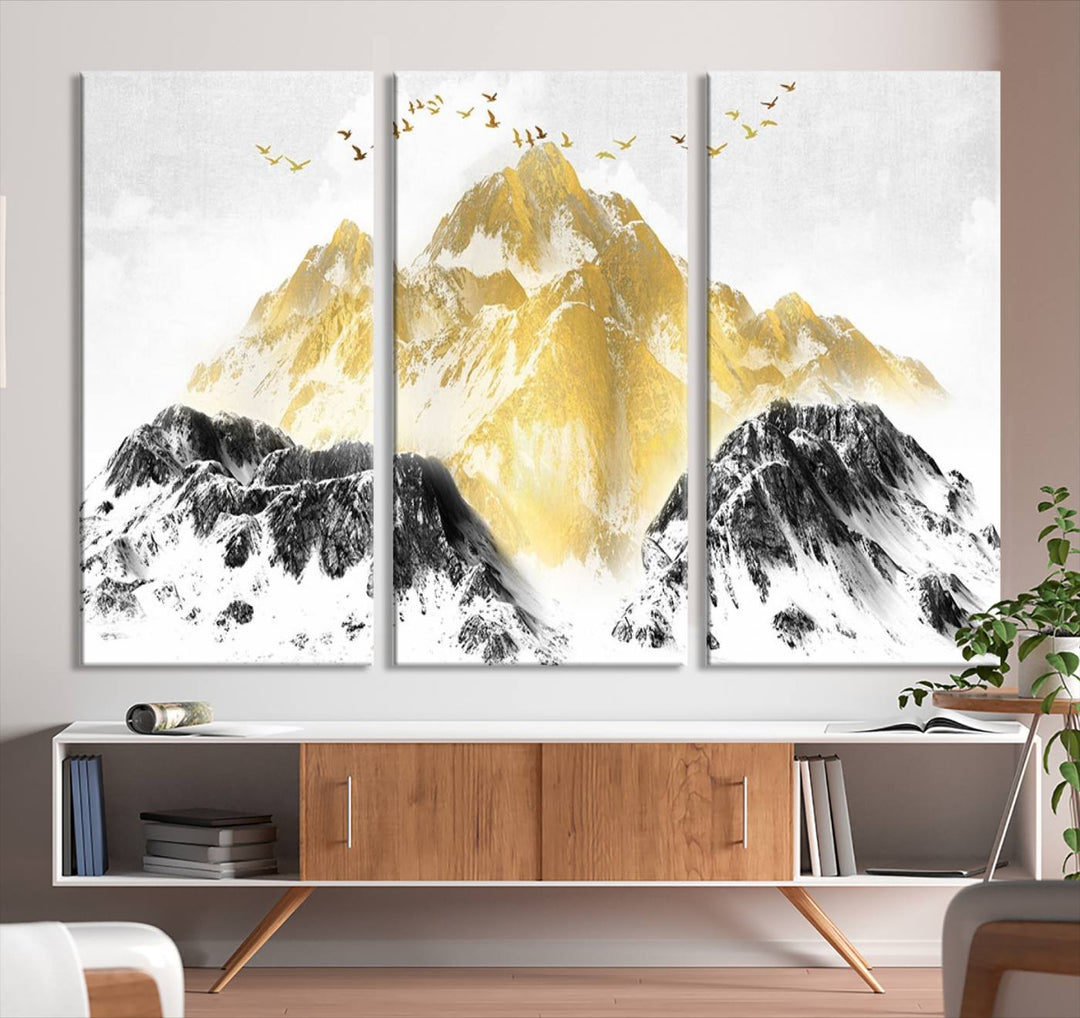 Golden Mountain Triptych Wall Art, Modern Giclee Canvas Print, Nature Landscape Decor for Living Room, Contemporary Gold and Black Wall Art