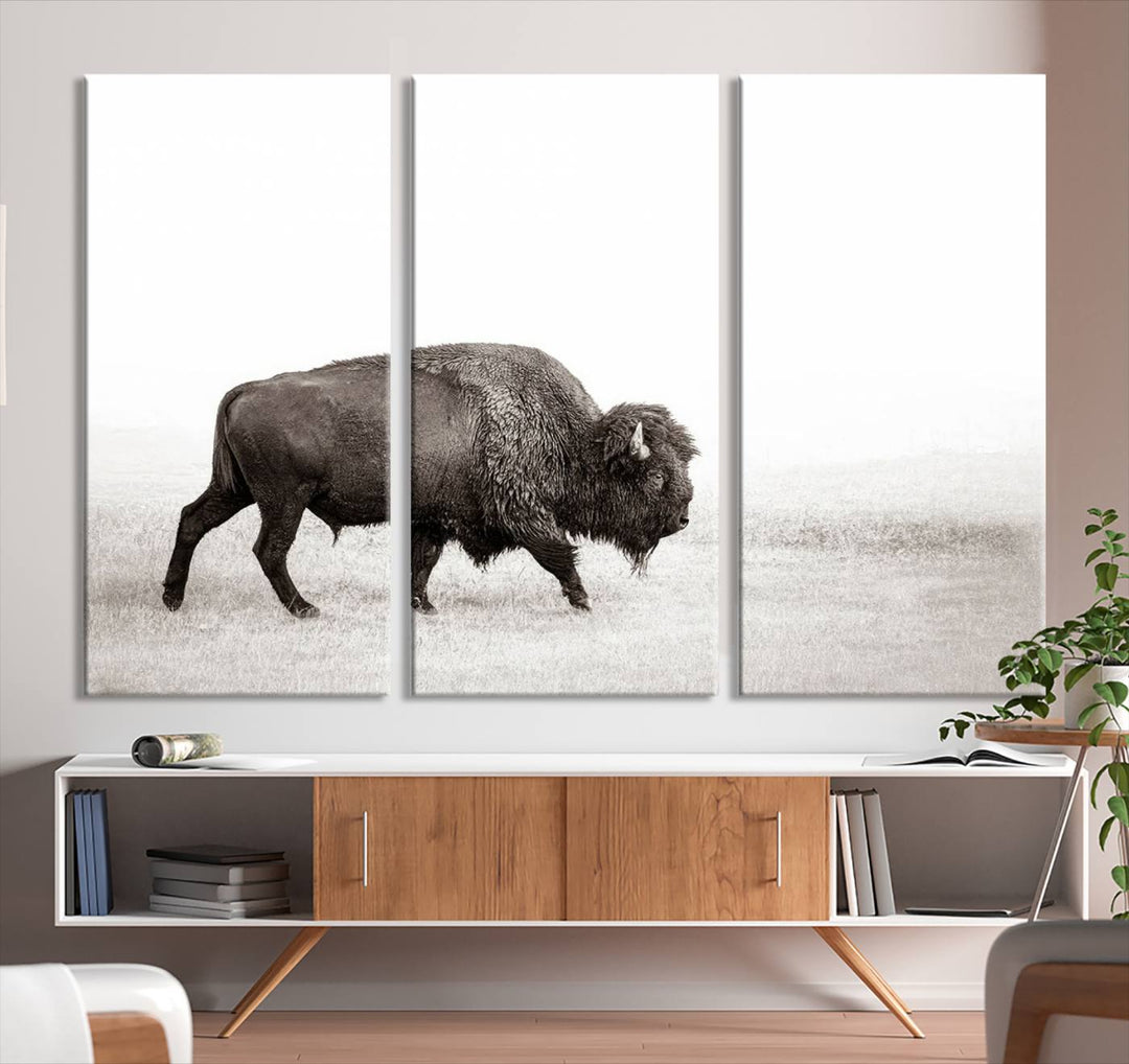 American Bison in Grasslands Triptych Canvas Wall Art – Western-Inspired Nature Decor for Home or Office