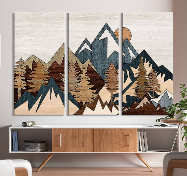 Woodland Mountain Landscape Triptych, Giclee Canvas Art for Modern Home, Rustic Wooden Nature Wall Art, Large Mountain and Tree Canvas for Living Room