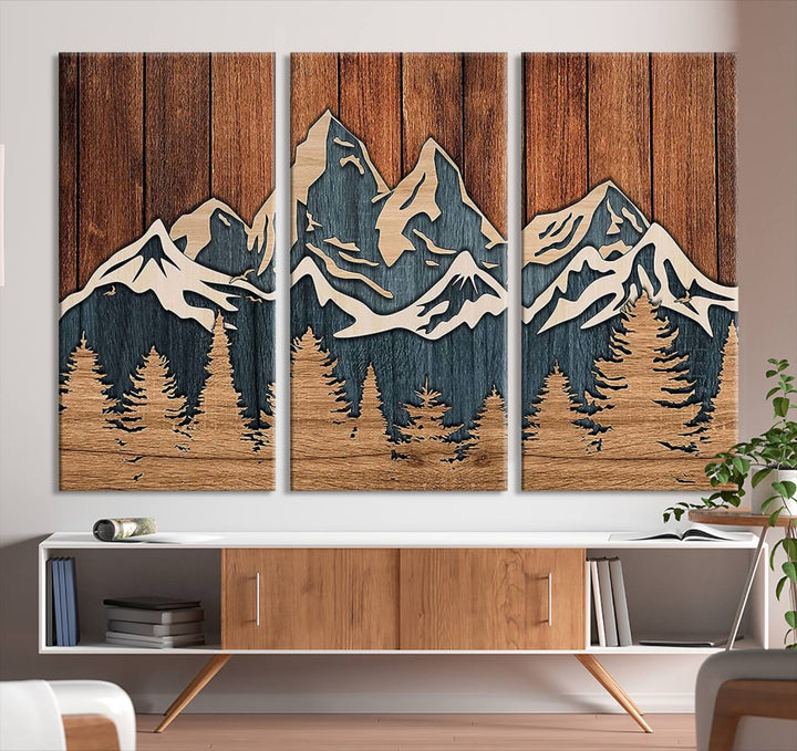 Rustic Wood Style Mountain Wall Art, Nature Forest Canvas Print, Wooden Textured Mountain Artwork, Handcrafted Landscape Decor for Farmhouse Decor