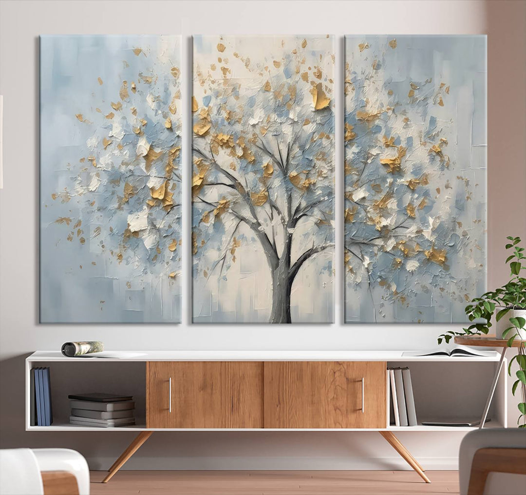 Abstract tree canvas wall art with gold and blue textured leaves, ready to hang in living room or bedroom.