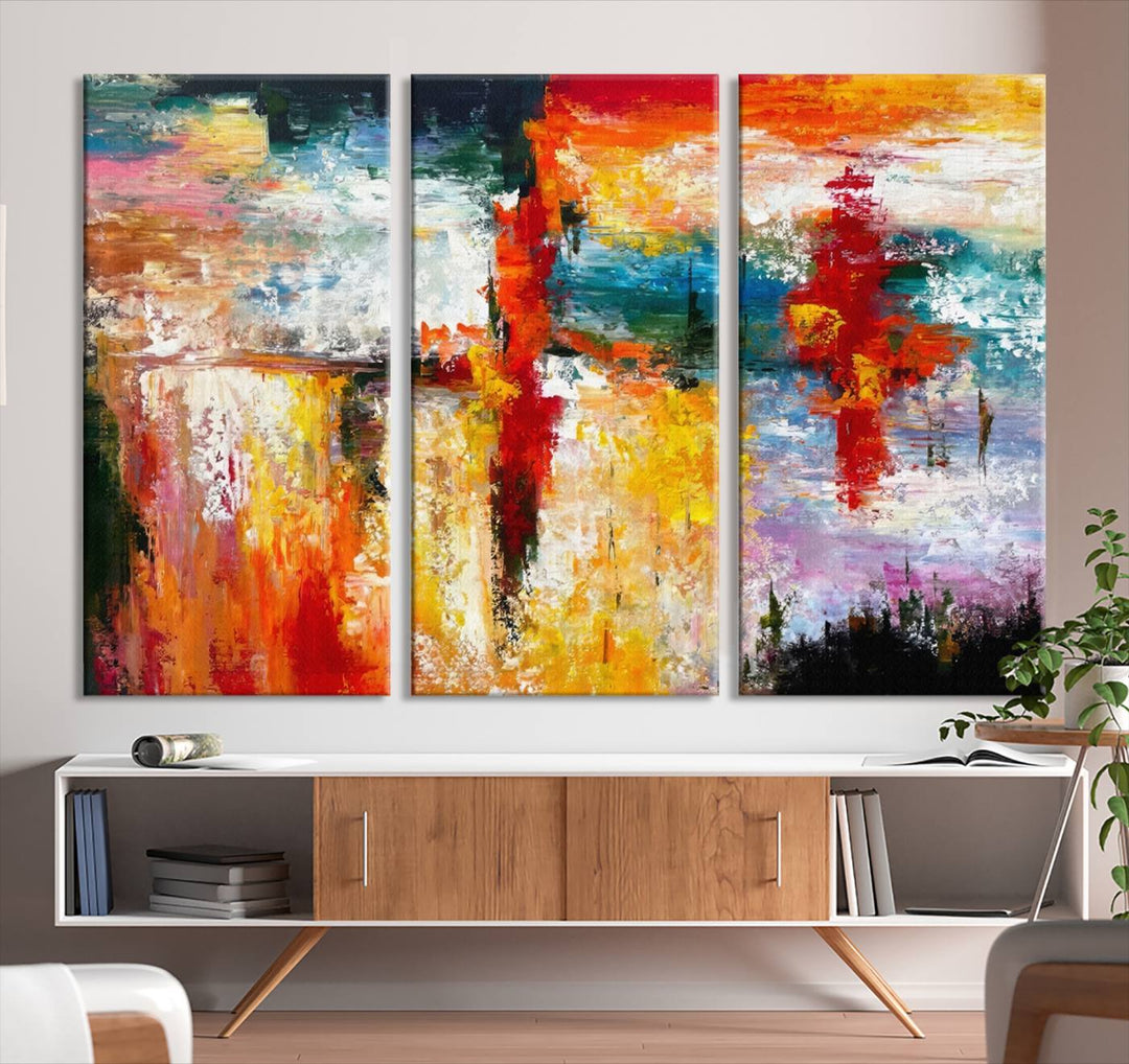 A Colorful Abstract Wall Art Canvas Print graces the wall, making this ready-to-hang masterpiece, complete with UV-protective coating, perfect for elevating any space with its vibrant allure.