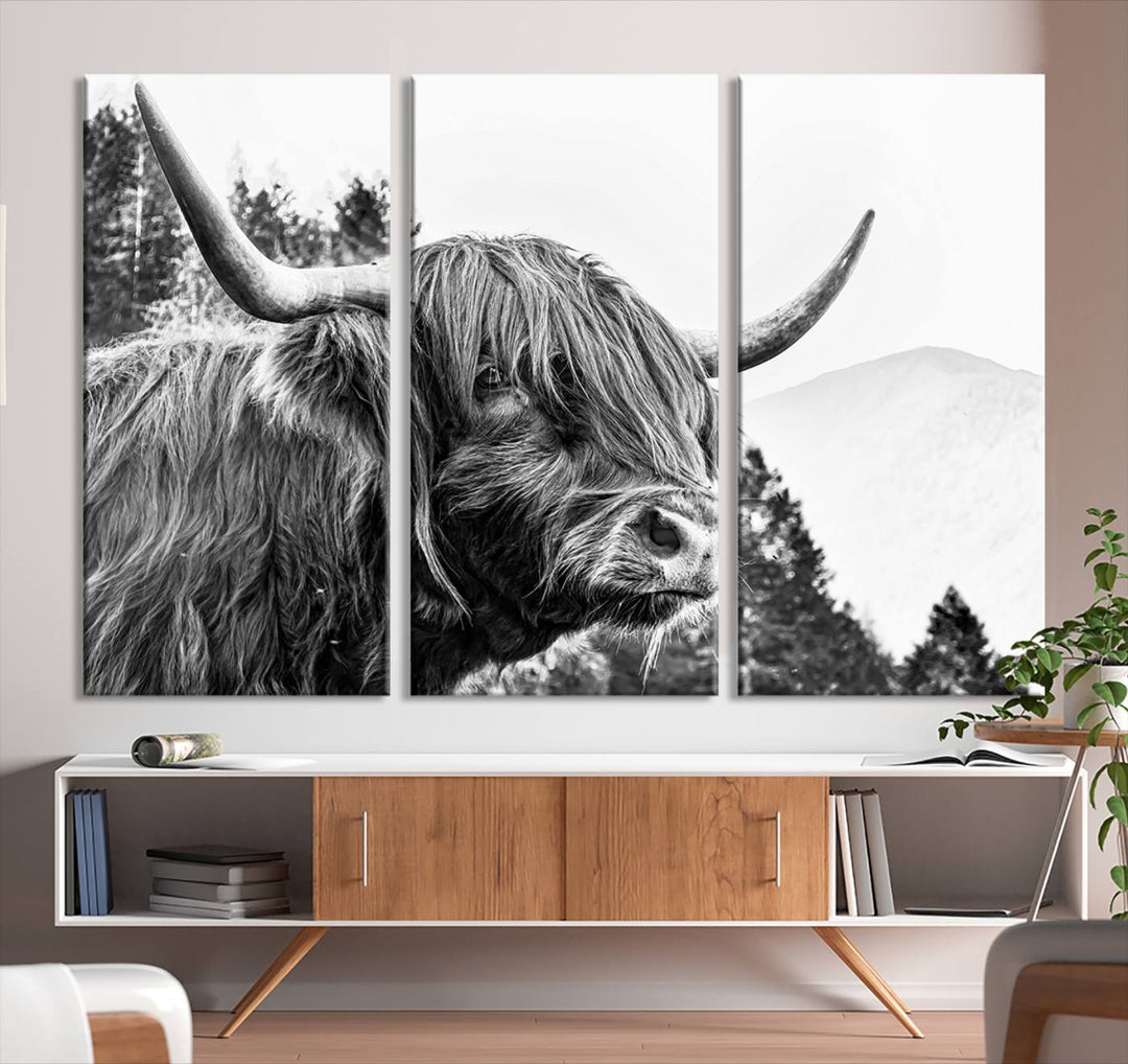 The Scottish Longhorn Wall Art Canvas Print features a highland cow with long horns and shaggy hair displayed on a museum-quality canvas. Equipped with a UV-protective coating for durability, it's ready to hang and enjoy for years to come.