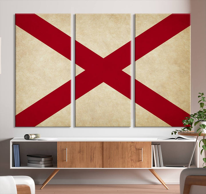 The USA Alabama States Flag Wall Art, featuring a red diagonal cross on a cream background, is elegantly displayed on museum-quality canvas with a UV-protective coating.