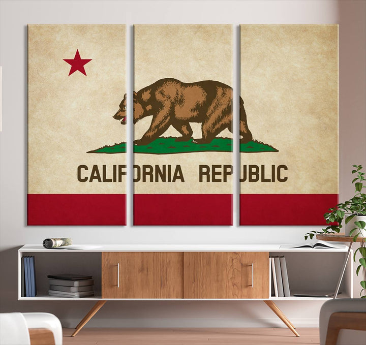 The Calinia States Flag Wall Art Canvas Print, featuring a bear and star design reminiscent of the California Republic flag, is crafted on museum-quality polycotton canvas with a UV-protective coating and is proudly made in the USA.