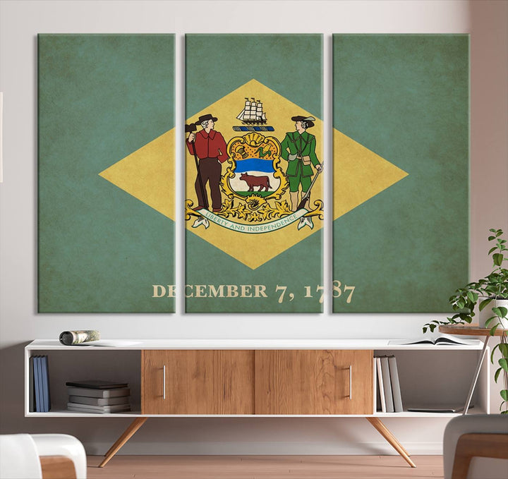 The Delaware States Flag Wall Art Canvas Print, featuring museum-quality material and a UV-protective coating, hangs elegantly, ready to be admired.