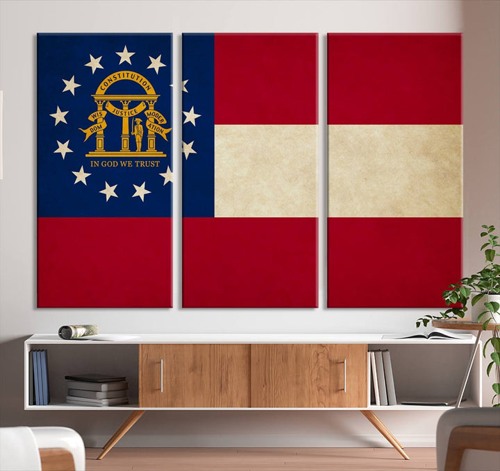 The Georgia States Flag Wall Art Canvas Print, coated with UV protection to preserve its vibrant colors, hangs on the wall.