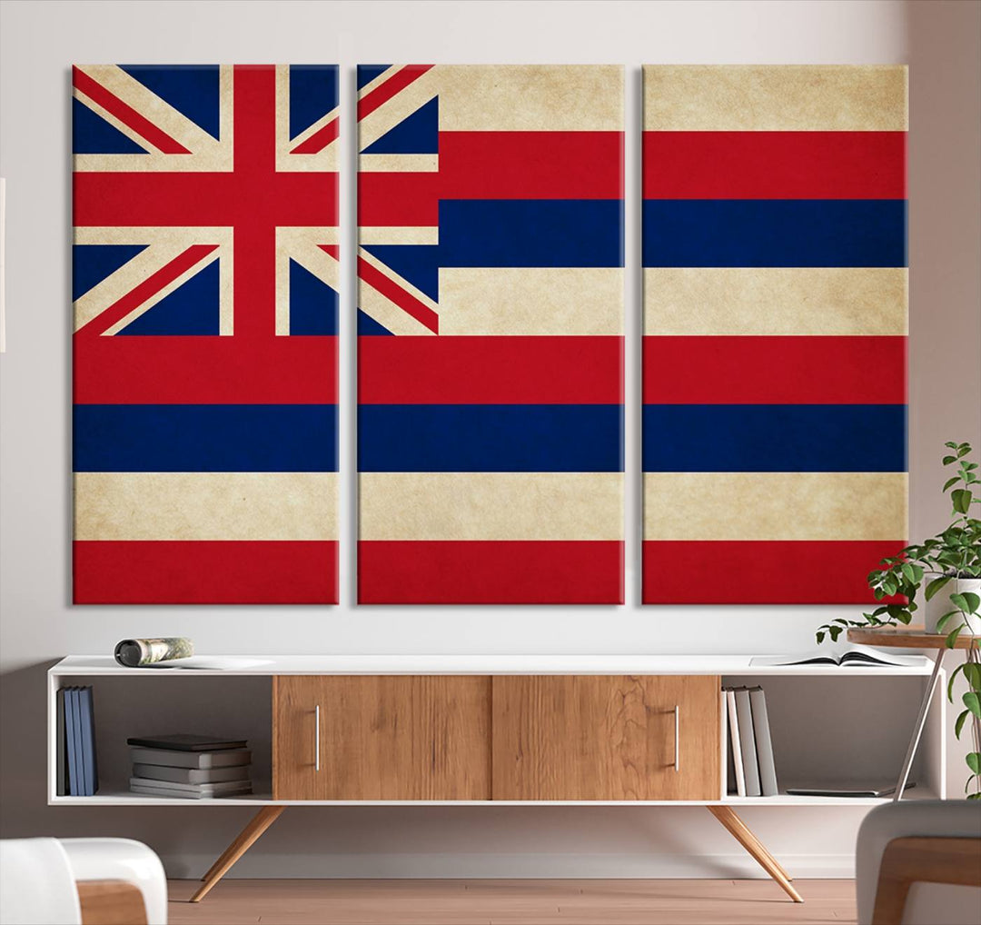 A stunning piece titled "Hawaii USA States Flag Wall Art Canvas Print" adorns the wall. This gallery-wrapped artwork is printed on museum-quality canvas and features a UV-protective coating, ensuring its vibrant colors remain timelessly beautiful.