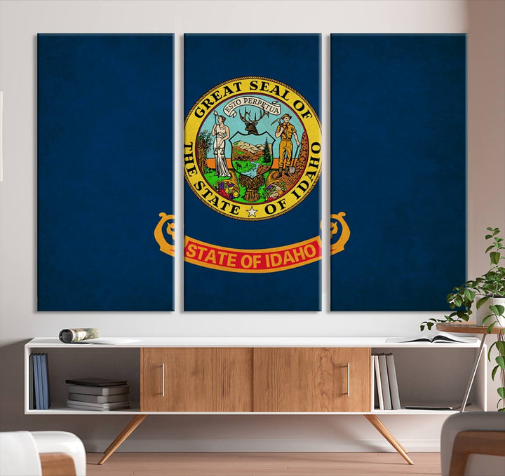 The Idaho USA States Flag Wall Art Canvas Print, featuring a UV-protective coating for lasting vibrancy, is ready to hang.