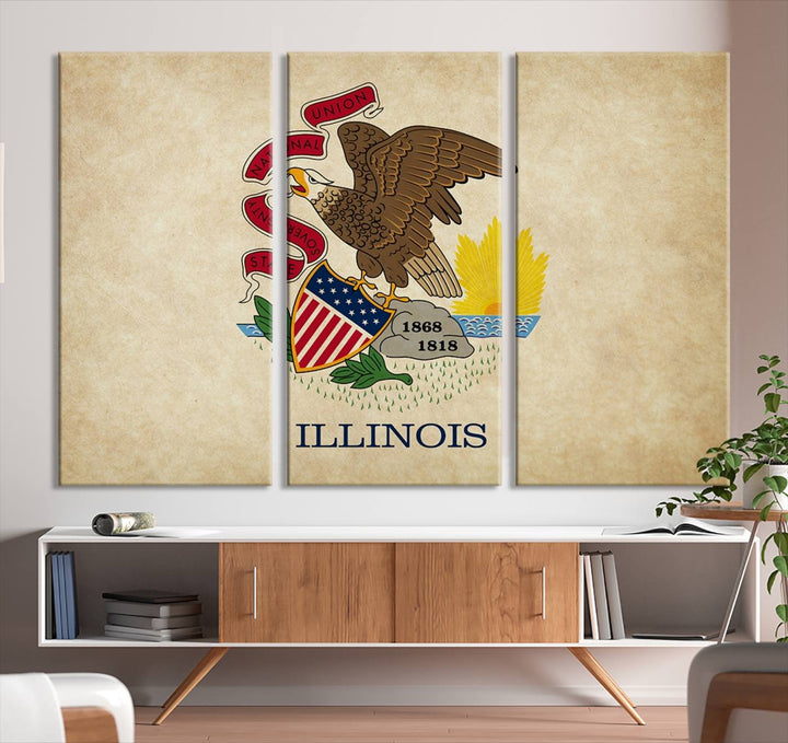 The Illinois State Flag Wall Art Canvas Print, crafted on museum-quality canvas with a UV-protective coating, is displayed prominently.