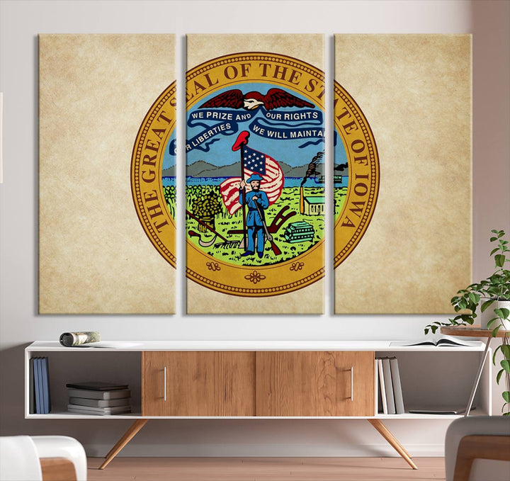 The Iowa USA States Flag Wall Art Canvas Print, beautifully hand-assembled in a framed, museum-quality canvas, is displayed on the wall.