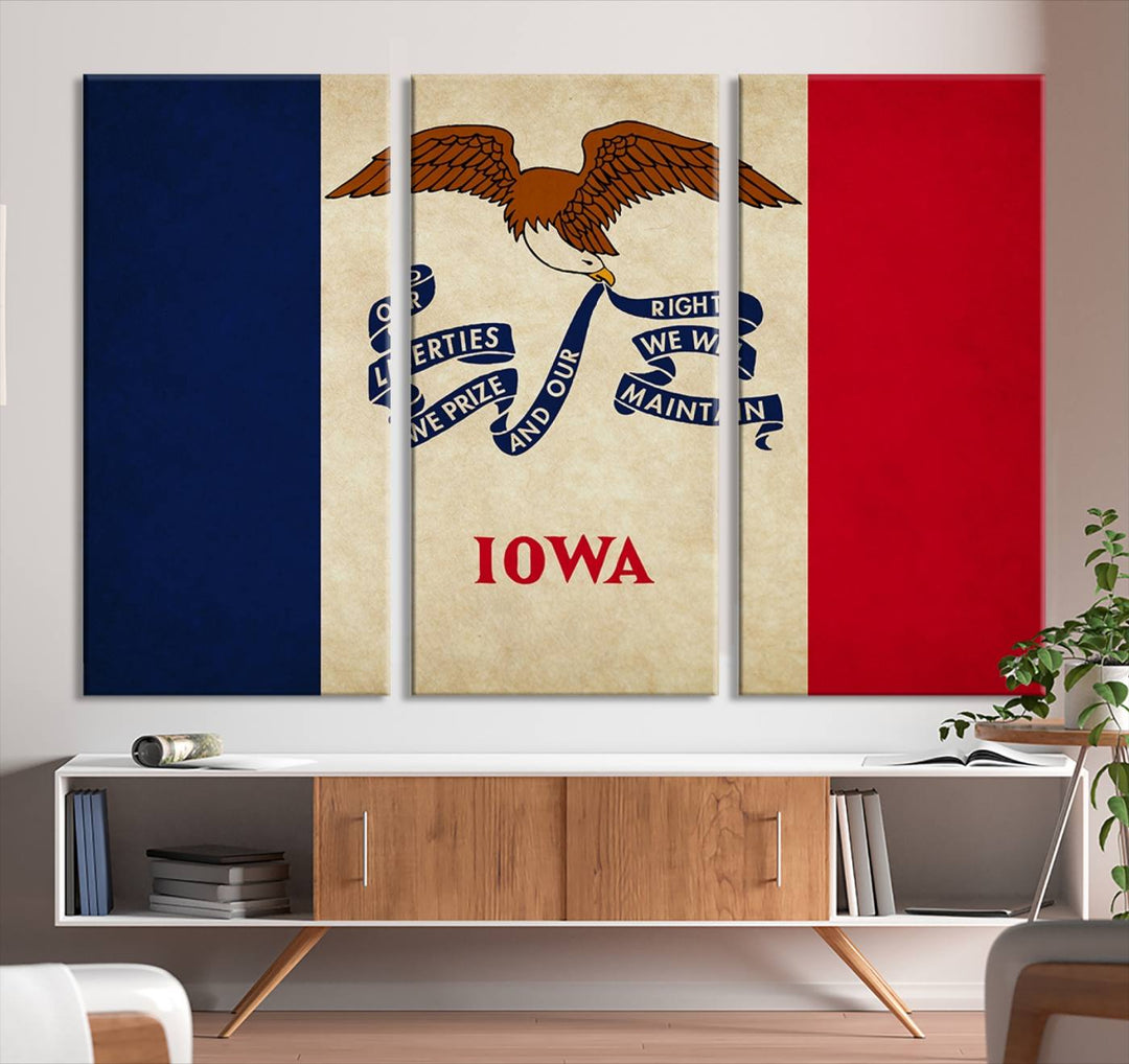 A beautiful Iowa States Flag Wall Art enhances the area, made on museum-quality canvas and boasting a gallery-wrapped design for enduring elegance.