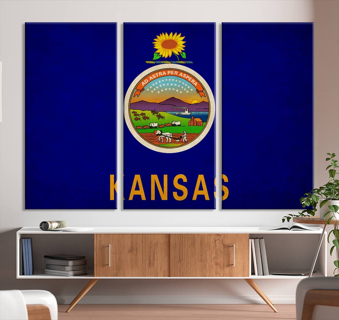 The "Kansas USA States Flag Wall Art Canvas Print" is prominently displayed.