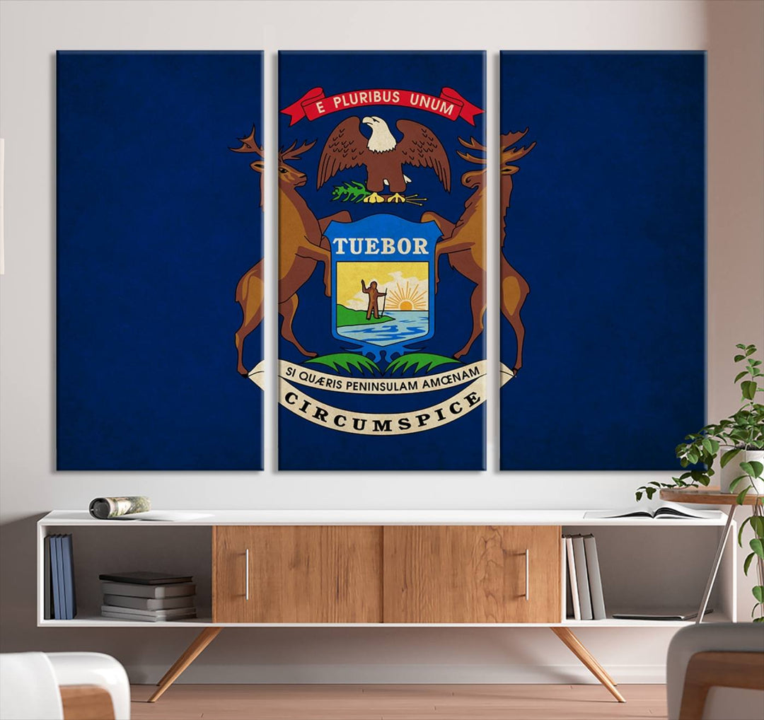 A piece of Michigan State Flag Wall Art on museum-quality canvas features a UV-protective coating to maintain its vibrant colors.