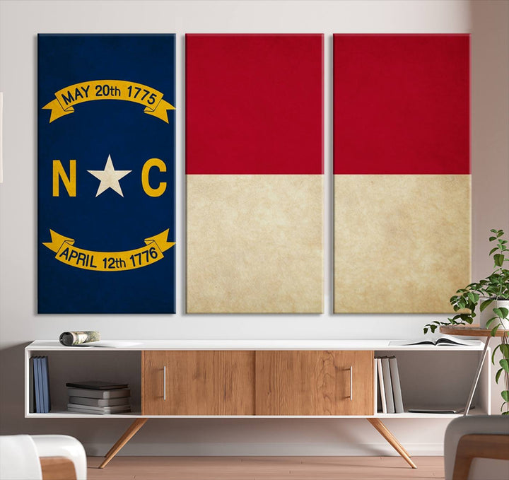 A museum-quality North Carolina State Flag Wall Art Canvas Print graces the wall, adding charm and character to any living space. Enjoy free shipping on this timeless piece.