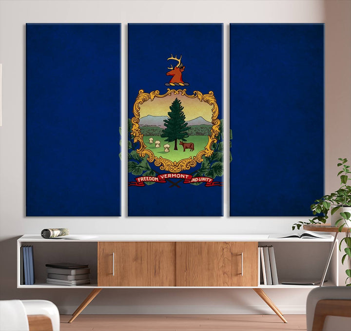 The Vermont Flag Wall Art Canvas Print is a museum-quality piece enhanced with UV-protective finishes, offering both style and durability. Enjoy free shipping on this classic decor addition.