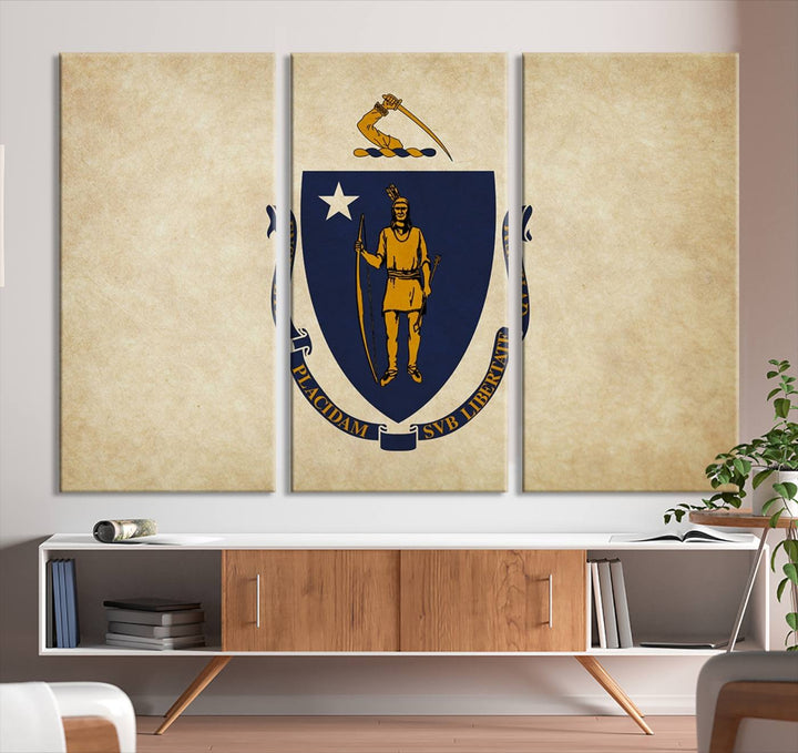 The Massachusetts State of Flag Wall Art Canvas Print, handcrafted on a museum-quality canvas with UV-protective coating, decorates the wall. It is ready to hang and adds a touch of elegance to the space.