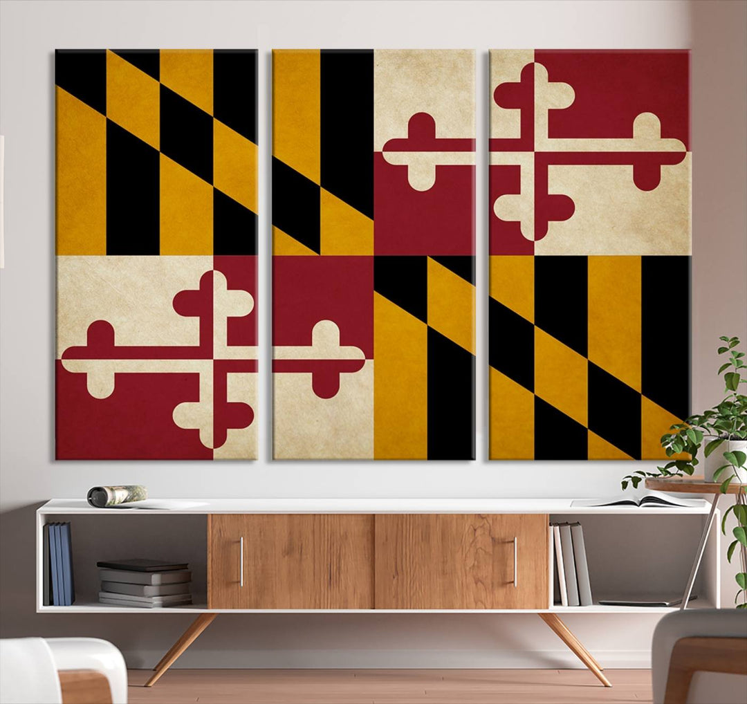 The Maryland Flag Wall Art Canvas Print, boasting a UV-protective coating for vibrant colors and durability, is a museum-quality piece offered with free shipping, making it the perfect addition to your space.