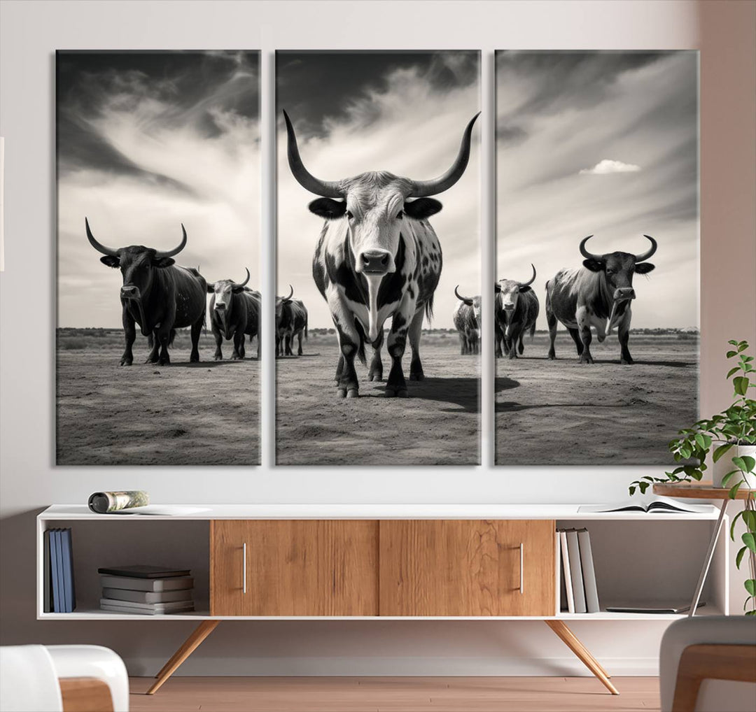 The Black and White Longhorn Cattle Wall Art, featuring a three-panel display of cowboy Western longhorns walking toward the viewer, enhances your space with its striking presence, adding a touch of Western decor.