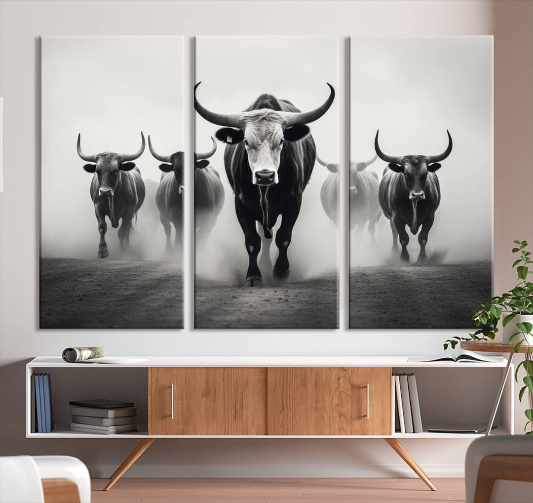 The Texas Longhorn Cow Animal Wall Art Canvas Print beautifully embellishes the area with its depiction of longhorn cattle in a misty setting, seamlessly integrating Western decor into the space.