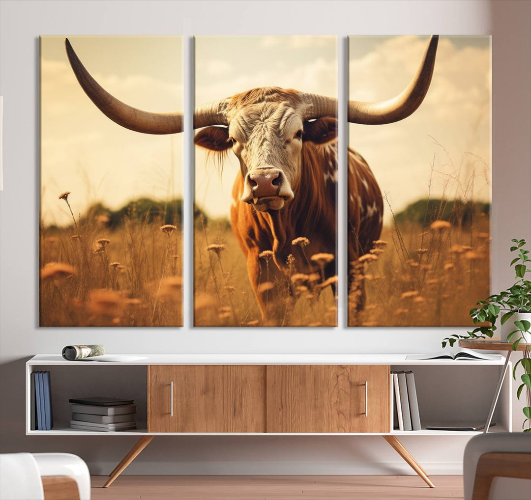 Cow Bighorn Wall Art Canvas Print, Longhorn Texas Cow Animal Canvas Print