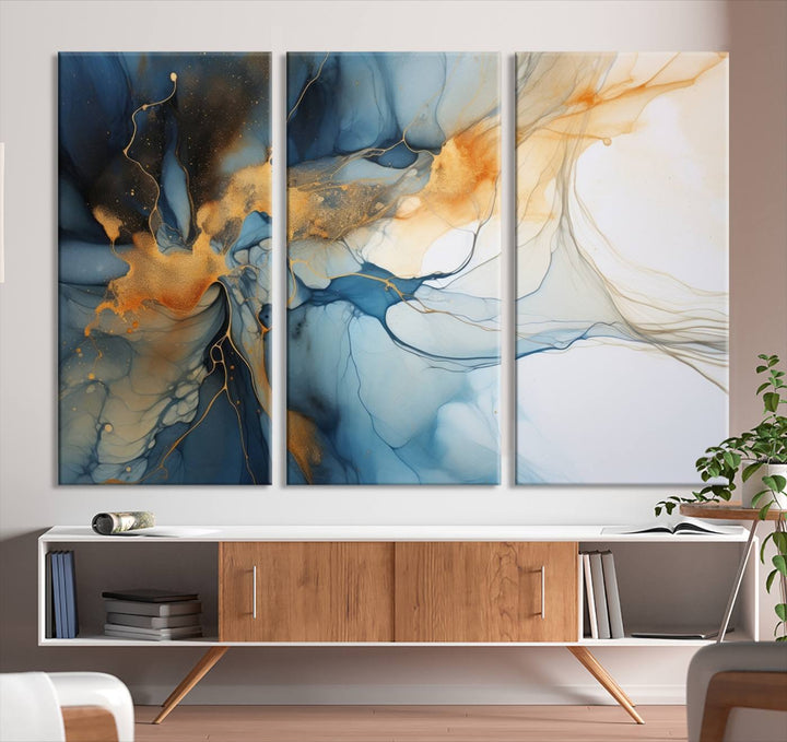 Art mural abstrait bleu marine orange, impression abstraite, impression sur toile abstraite