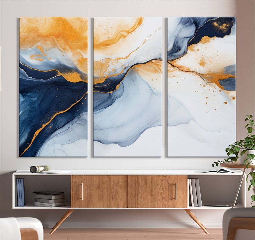 Modern living room featuring the 'Extra Large Orange Navy Blue Abstract Wall Art Canvas Print.'