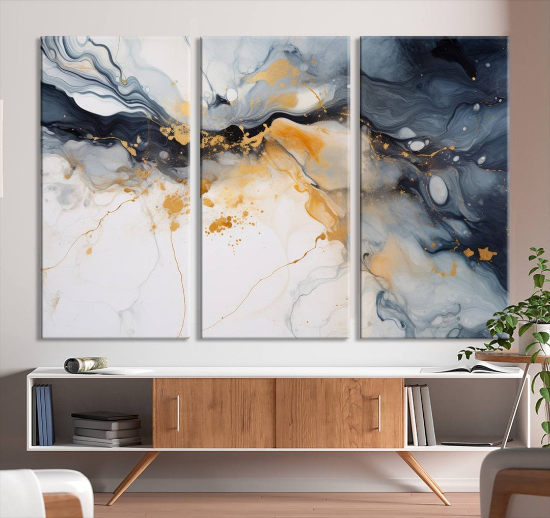 The Dark Blue and Orange Abstract Wall Art, featuring museum-quality canvas with captivating dark and golden swirls, is ready to hang and boasts a UV-protective coating to ensure enduring vibrancy and sophistication.