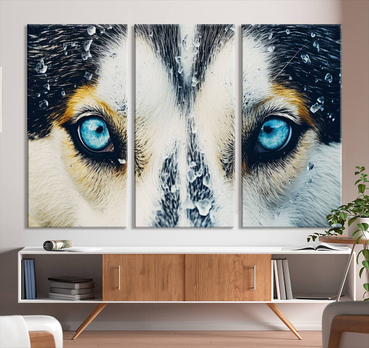 The captivating "Winter Siberian Husky Wolf EYE Wall Art Canvas Print" showcases the striking blue eyes of the animal portrait.