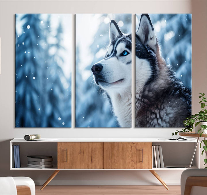 The "Winter Siberian Husky Wolf Wall Art Canvas Print" is elegantly displayed, enhancing the room's cozy ambiance in a snowy forest setting.