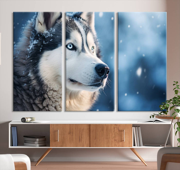 The space above the sofa features the Winter Siberian Husky Wolf Wall Art Canvas Print, creating a stunning snowy scene.