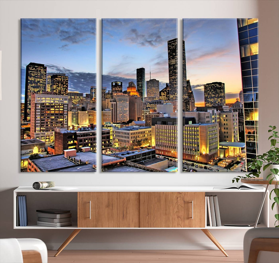 The modern living room features the Houston Wall Art Canvas Print on the wall. This professional craftsman framed masterpiece depicts a cityscape and is created with museum-quality polycotton canvas, ensuring a polished look that enhances its elegant charm.