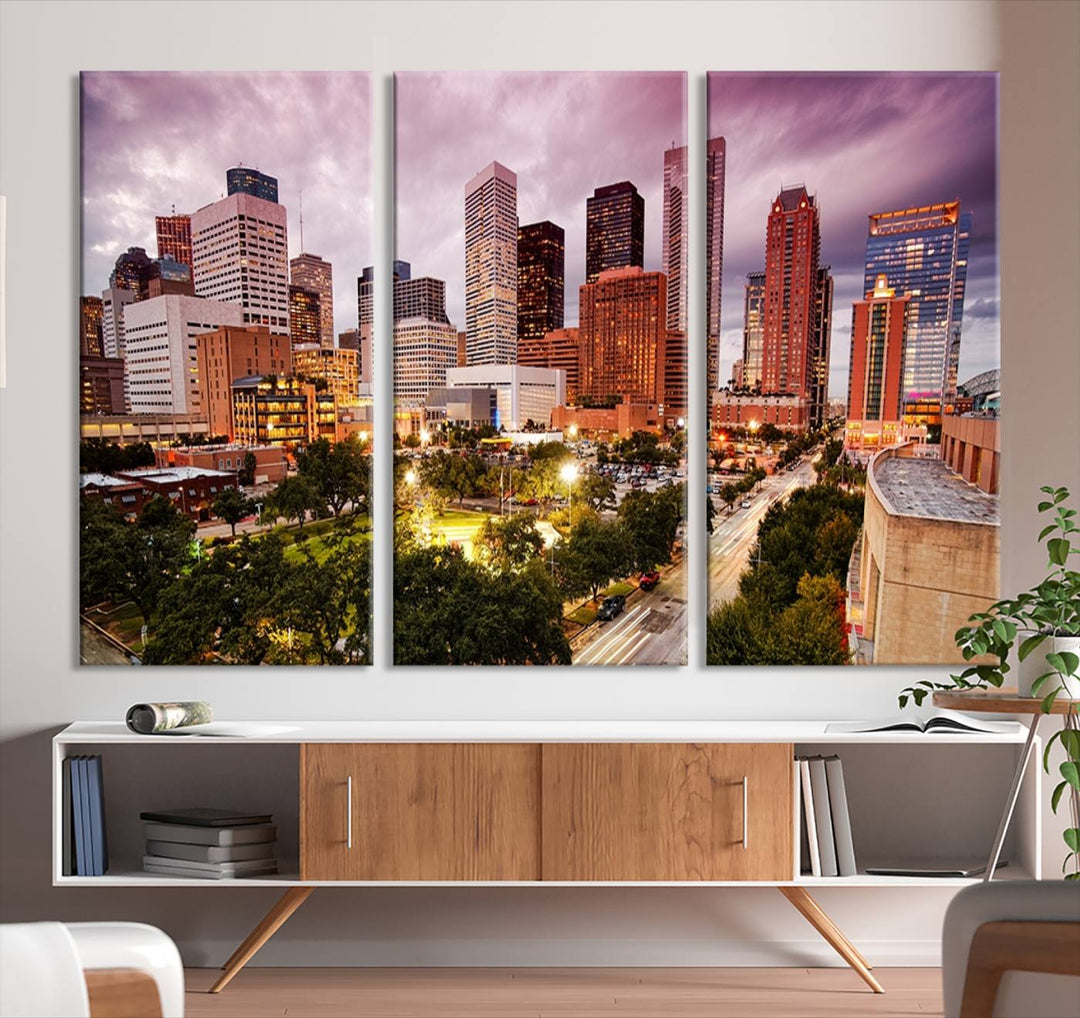 The Houston Wall Art Canvas Print in the living room displays a vibrant city skyline at twilight on museum-quality canvas with UV-protective coating.