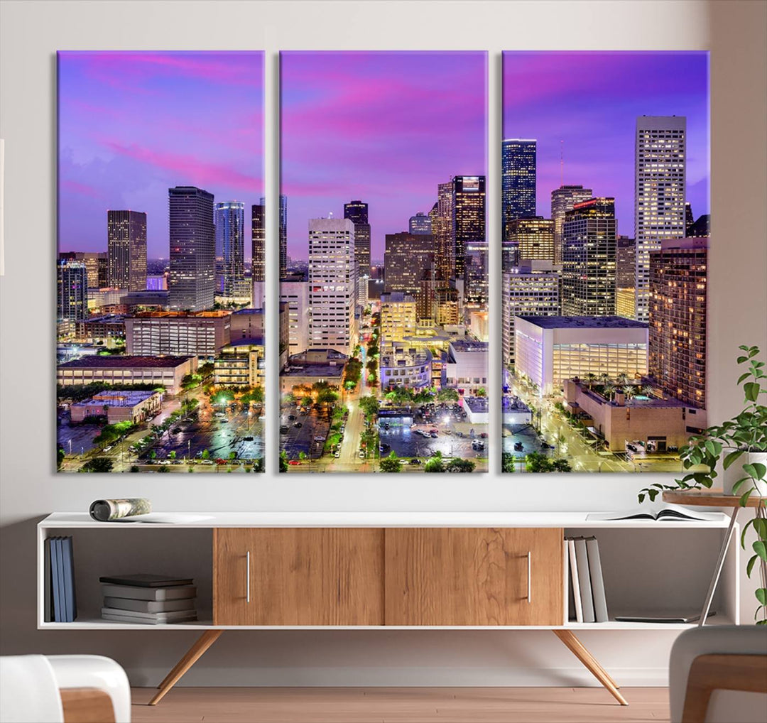 Houston Wall Art Canvas Print showcasing a vibrant cityscape at dusk on museum-quality canvas, expertly crafted by professional craftsmen.