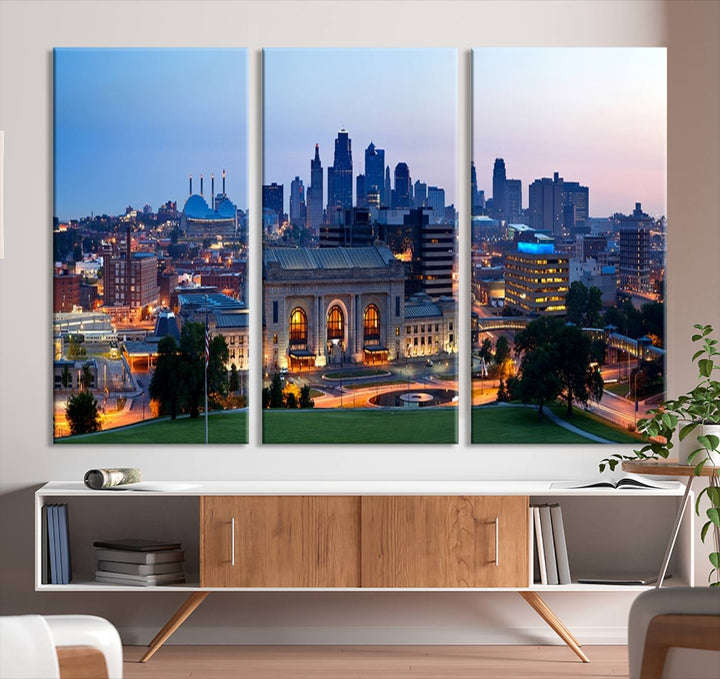 The Kansas City Skyline Canvas Wall Art Print hangs above, showcasing an iconic dusk cityscape with a historic building in the foreground, exuding urban sophistication.