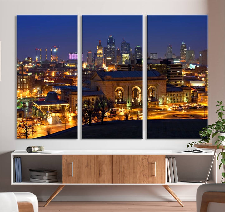 The Kansas City Night Canvas Print Wall Art creates a scene as captivating as museum-quality art, showcasing a city skyline at night with illuminated buildings.